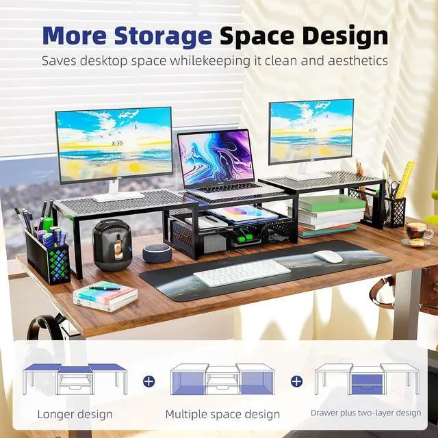 Alt view image 3 of 7 - Simple Trending Dual Metal Monitor Stand Riser for 2 Monitors,Adjustable Angle Computer Desk Organizer with Drawer and Pen Holder for Laptop, Computer, iMac, Black