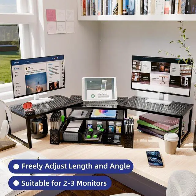 Alt view image 4 of 7 - Simple Trending Dual Metal Monitor Stand Riser for 2 Monitors,Adjustable Angle Computer Desk Organizer with Drawer and Pen Holder for Laptop, Computer, iMac, Black