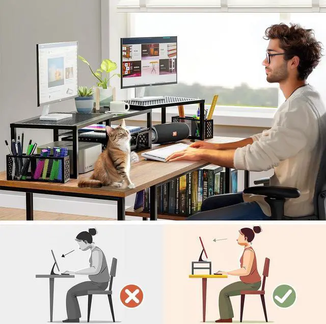 Alt view image 6 of 7 - Simple Trending Dual Metal Monitor Stand Riser for 2 Monitors,Adjustable Angle Computer Desk Organizer with Drawer and Pen Holder for Laptop, Computer, iMac, Black