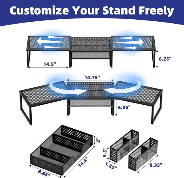 Alt view image 7 of 7 - Simple Trending Dual Metal Monitor Stand Riser for 2 Monitors,Adjustable Angle Computer Desk Organizer with Drawer and Pen Holder for Laptop, Computer, iMac, Black