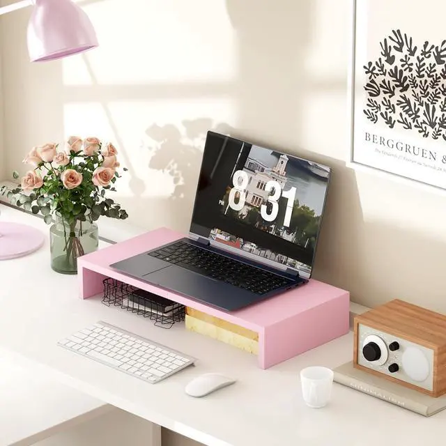 Alt view image 2 of 7 - TEAMIX Pink Monitor Riser-20L inch, Wood Monitor Stand for Desk, Sturdy TV/Screen/PC/Printer/Laptop Riser,Computer Shelf with Storage TV Holder for Home Office (Pink, 20 inch)