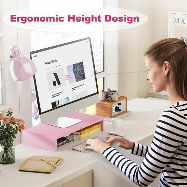 Alt view image 3 of 7 - TEAMIX Pink Monitor Riser-20L inch, Wood Monitor Stand for Desk, Sturdy TV/Screen/PC/Printer/Laptop Riser,Computer Shelf with Storage TV Holder for Home Office (Pink, 20 inch)