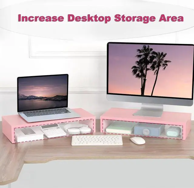 Alt view image 4 of 7 - TEAMIX Pink Monitor Riser-20L inch, Wood Monitor Stand for Desk, Sturdy TV/Screen/PC/Printer/Laptop Riser,Computer Shelf with Storage TV Holder for Home Office (Pink, 20 inch)