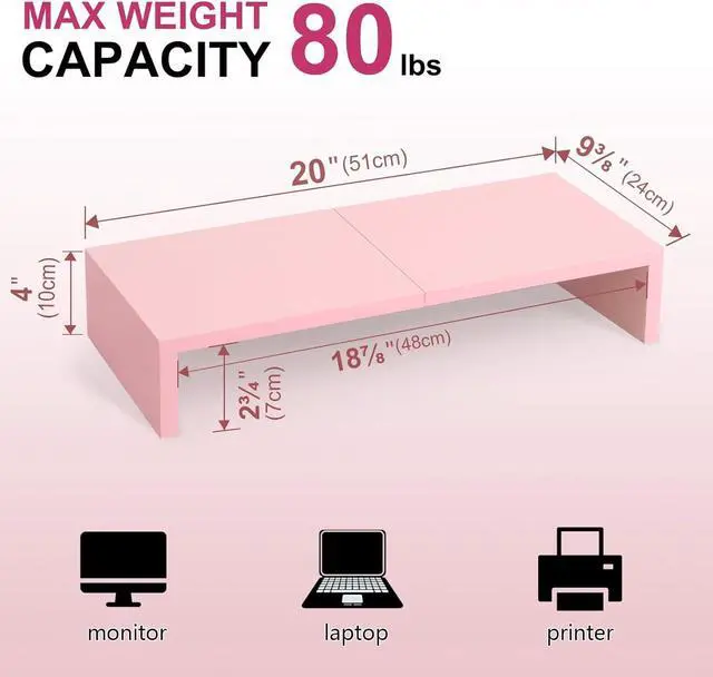 Alt view image 6 of 7 - TEAMIX Pink Monitor Riser-20L inch, Wood Monitor Stand for Desk, Sturdy TV/Screen/PC/Printer/Laptop Riser,Computer Shelf with Storage TV Holder for Home Office (Pink, 20 inch)