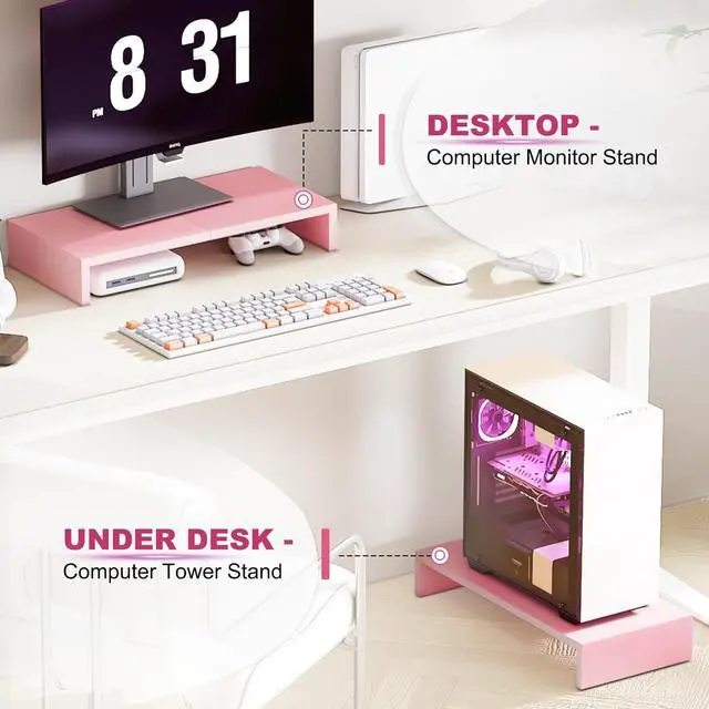 Alt view image 5 of 7 - TEAMIX Pink Monitor Riser-20L inch, Wood Monitor Stand for Desk, Sturdy TV/Screen/PC/Printer/Laptop Riser,Computer Shelf with Storage TV Holder for Home Office (Pink, 20 inch)
