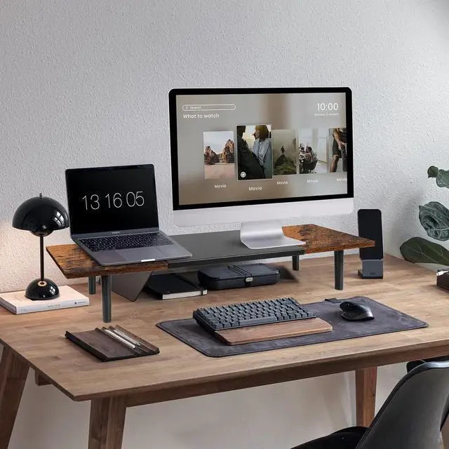 Alt view image 2 of 7 - Dual-Monitor-Stand-Riser-For-Desk Adjustable Length 32-40 Inch, Large Desktop Computer Monitor Riser For 2 Screens, Desk Shelf Organizer Riser Stand For Computer/Laptop/PC/Printer/TV Brown
