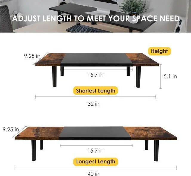 Alt view image 3 of 7 - Dual-Monitor-Stand-Riser-For-Desk Adjustable Length 32-40 Inch, Large Desktop Computer Monitor Riser For 2 Screens, Desk Shelf Organizer Riser Stand For Computer/Laptop/PC/Printer/TV Brown