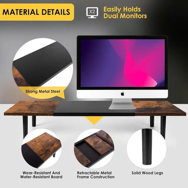 Alt view image 4 of 7 - Dual-Monitor-Stand-Riser-For-Desk Adjustable Length 32-40 Inch, Large Desktop Computer Monitor Riser For 2 Screens, Desk Shelf Organizer Riser Stand For Computer/Laptop/PC/Printer/TV Brown
