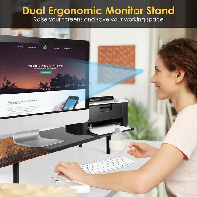 Alt view image 5 of 7 - Dual-Monitor-Stand-Riser-For-Desk Adjustable Length 32-40 Inch, Large Desktop Computer Monitor Riser For 2 Screens, Desk Shelf Organizer Riser Stand For Computer/Laptop/PC/Printer/TV Brown