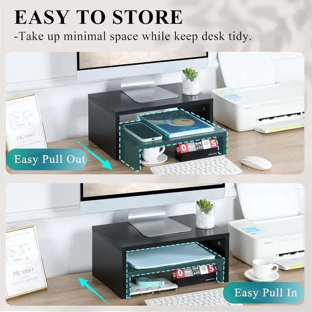 Alt view image 3 of 7 - TEAMIX 2 Pack Black Monitor Stand Riser,Wood 2 Tier Adjustable Monitor Stand Dual Monitor Riser for 2 Monitors/Laptop/PC Computer Stand Desktop Space Saver