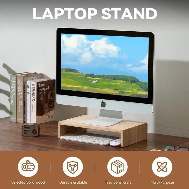 Alt view image 2 of 7 - KIRIGEN Monitor Stand Wooden -Desk Stand Wood for Computer/Laptop/TV Printer - Monitor Arms & Stands Desk Riser for Office Organizers - Desktop Workspace Platforms Stands (39,Natural)