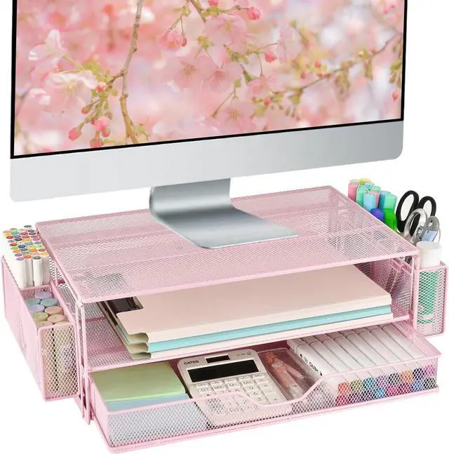Main image of AUPSEN Computer Monitor Stands with Drawers and 2 Pen Holder, Desk Accessories & Workspace Desk Organizers, Monitor Stand for Computer, Laptop, Printer, Office Supplies(Pink)