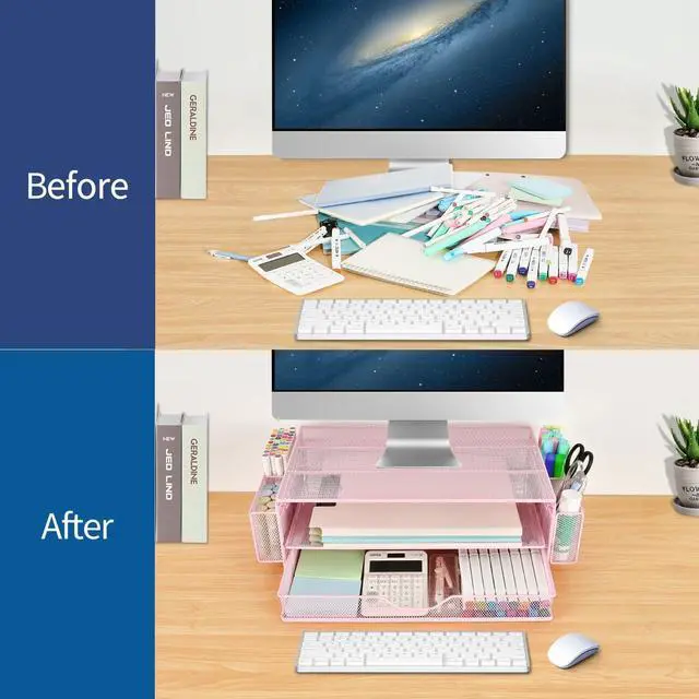 Alt view image 3 of 7 - AUPSEN Computer Monitor Stands with Drawers and 2 Pen Holder, Desk Accessories & Workspace Desk Organizers, Monitor Stand for Computer, Laptop, Printer, Office Supplies(Pink)