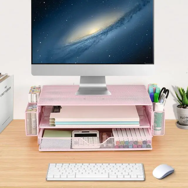 Alt view image 5 of 7 - AUPSEN Computer Monitor Stands with Drawers and 2 Pen Holder, Desk Accessories & Workspace Desk Organizers, Monitor Stand for Computer, Laptop, Printer, Office Supplies(Pink)