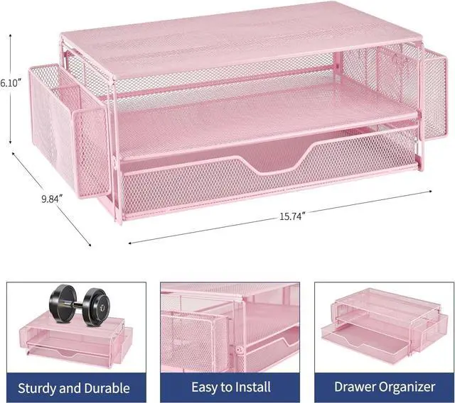 Alt view image 4 of 7 - AUPSEN Computer Monitor Stands with Drawers and 2 Pen Holder, Desk Accessories & Workspace Desk Organizers, Monitor Stand for Computer, Laptop, Printer, Office Supplies(Pink)