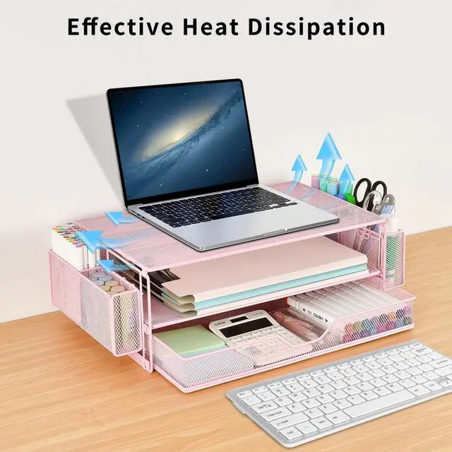 Alt view image 6 of 7 - AUPSEN Computer Monitor Stands with Drawers and 2 Pen Holder, Desk Accessories & Workspace Desk Organizers, Monitor Stand for Computer, Laptop, Printer, Office Supplies(Pink)