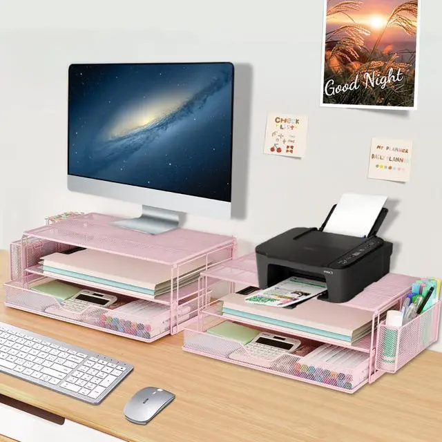 Alt view image 7 of 7 - AUPSEN Computer Monitor Stands with Drawers and 2 Pen Holder, Desk Accessories & Workspace Desk Organizers, Monitor Stand for Computer, Laptop, Printer, Office Supplies(Pink)