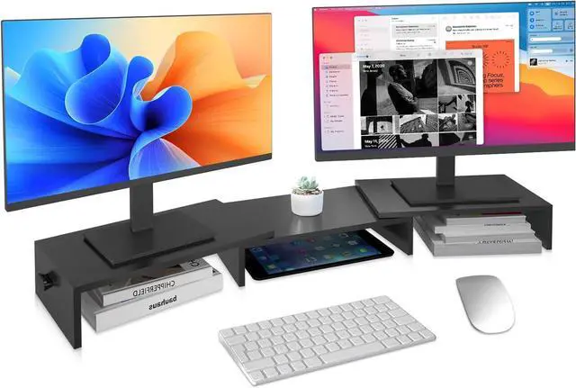 Main image of Pholiten Dual Monitor Stand Riser for 2 MonitorsDesktop Monitor Stand with Adjustable Length and Swivel Angles, Extra Long Multifunctional Stand up to 48.2" fit Computer Laptop Printer Max 44 lbs