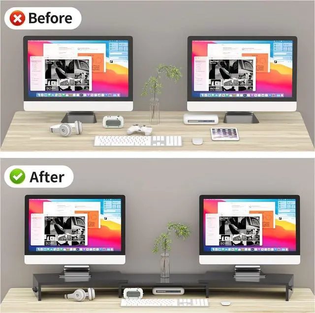 Alt view image 3 of 7 - Pholiten Dual Monitor Stand Riser for 2 MonitorsDesktop Monitor Stand with Adjustable Length and Swivel Angles, Extra Long Multifunctional Stand up to 48.2" fit Computer Laptop Printer Max 44 lbs