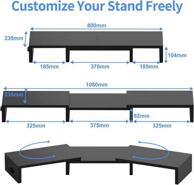 Alt view image 4 of 7 - Pholiten Dual Monitor Stand Riser for 2 MonitorsDesktop Monitor Stand with Adjustable Length and Swivel Angles, Extra Long Multifunctional Stand up to 48.2" fit Computer Laptop Printer Max 44 lbs