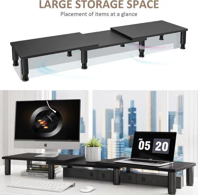 Alt view image 3 of 7 - Dual Monitor Riser, Adjustable Height Steel Leg Wooden Stand with Storage Space - Black