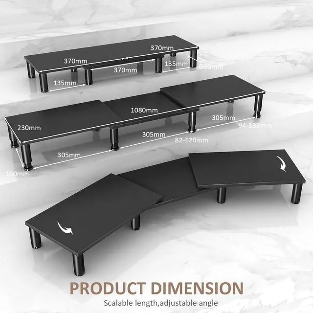 Alt view image 5 of 7 - Dual Monitor Riser, Adjustable Height Steel Leg Wooden Stand with Storage Space - Black