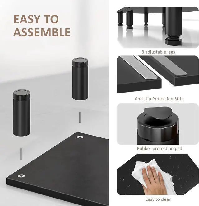 Alt view image 6 of 7 - Dual Monitor Riser, Adjustable Height Steel Leg Wooden Stand with Storage Space - Black