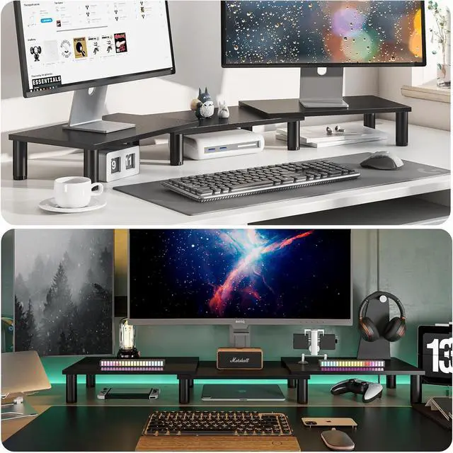 Alt view image 7 of 7 - Dual Monitor Riser, Adjustable Height Steel Leg Wooden Stand with Storage Space - Black
