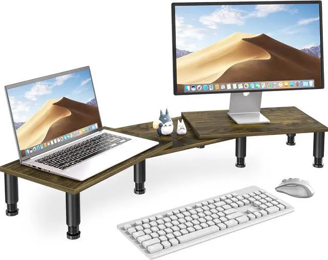 Main image of Dual Monitor Stand Riser, Monitor Stand with Adjustable Length and Angle, Wood Monitor Stand for Desk, Monitor Riser for 2 Monitors with Storage Space