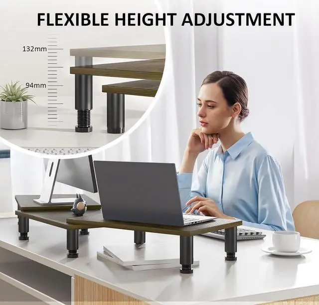 Alt view image 2 of 7 - Dual Monitor Stand Riser, Monitor Stand with Adjustable Length and Angle, Wood Monitor Stand for Desk, Monitor Riser for 2 Monitors with Storage Space