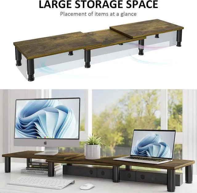 Alt view image 3 of 7 - Dual Monitor Stand Riser, Monitor Stand with Adjustable Length and Angle, Wood Monitor Stand for Desk, Monitor Riser for 2 Monitors with Storage Space