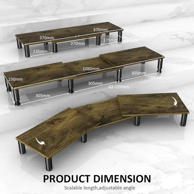 Alt view image 5 of 7 - Dual Monitor Stand Riser, Monitor Stand with Adjustable Length and Angle, Wood Monitor Stand for Desk, Monitor Riser for 2 Monitors with Storage Space