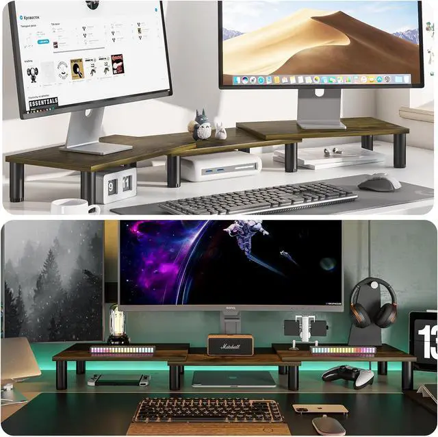 Alt view image 7 of 7 - Dual Monitor Stand Riser, Monitor Stand with Adjustable Length and Angle, Wood Monitor Stand for Desk, Monitor Riser for 2 Monitors with Storage Space