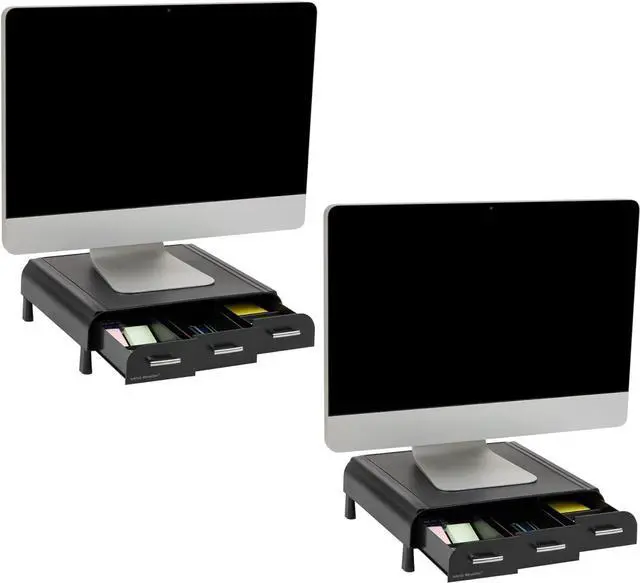 Main image of Mind Reader Monitor Stand, 3 Storage Drawers, Desktop Organizer, Riser, Office, 13.5"L x 13"W x 4"H, Set of 2, Black