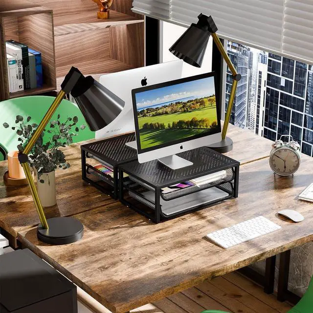 Alt view image 2 of 7 - 2 Pack 2-Tier Metal Monitor Stand Riser and Computer Desk Organizer with 2 Drawer for Laptop, Computer, iMac, Black