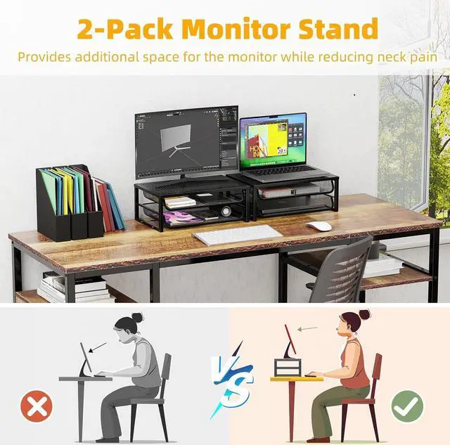 Alt view image 7 of 7 - 2 Pack 2-Tier Metal Monitor Stand Riser and Computer Desk Organizer with 2 Drawer for Laptop, Computer, iMac, Black