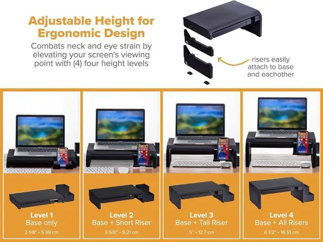 Alt view image 2 of 7 - Bostitch Konnect Adjustable Monitor Riser with Drawer, Cell Phone Stand & Pencil Holder, Laptop Stand for Desk, 4 Height Levels, Cable Management & Rubber Feet