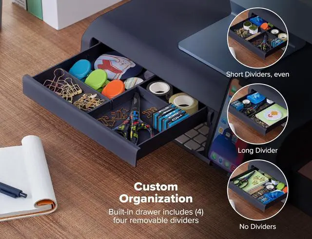 Alt view image 4 of 7 - Bostitch Konnect Adjustable Monitor Riser with Drawer, Cell Phone Stand & Pencil Holder, Laptop Stand for Desk, 4 Height Levels, Cable Management & Rubber Feet