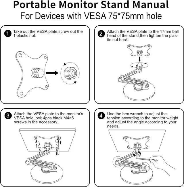 Alt view image 7 of 7 - 75mm VESA Mount Monitor Stand - Foldable Small Monitor Stand for 15.6" 16" 17" 17.3" 18" 18.5" inch Portable Monitor Stand Lay Flat Support VESA 75 * 75mm