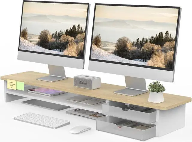 Main image of Fenge Monitor Stand, Dual Monitor Riser, 42.5inch Large Desk Computer Monitor Stand Riser with Drawer, 2 Tier Wood & Acrylic Desktop Organizer for Computer, Laptop, Printer, TV Screen Riser