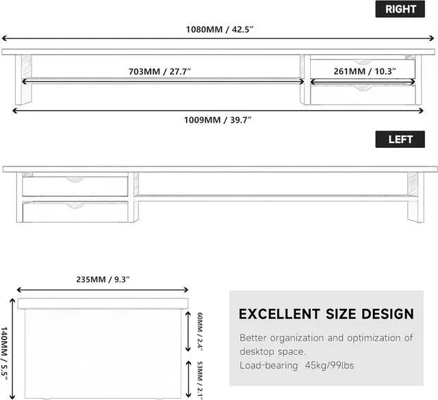 Alt view image 4 of 7 - Monitor Stand, Dual Riser, 42.5inch Large Desk Computer Stand Riser with Drawer, 2 Tier Wood & Acrylic Desktop Organizer for Computer, Laptop, Printer, TV Screen by DT