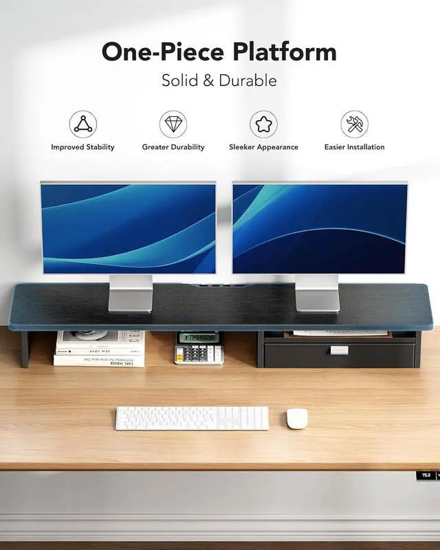 Alt view image 3 of 7 - HUANUO Large Dual Monitor Stand with Drawer, Wood Monitor Stand Riser for 2 Monitors with Storage & Cable Management, Desktop Organizer up to 55" fit Monitor, Computer, TV, Printer