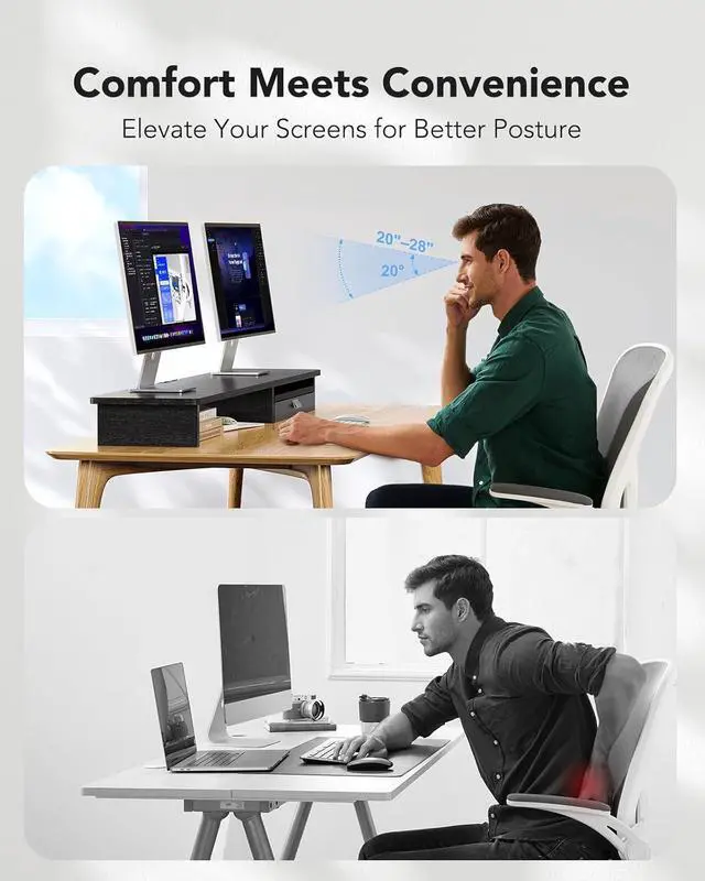 Alt view image 5 of 7 - HUANUO Large Dual Monitor Stand with Drawer, Wood Monitor Stand Riser for 2 Monitors with Storage & Cable Management, Desktop Organizer up to 55" fit Monitor, Computer, TV, Printer