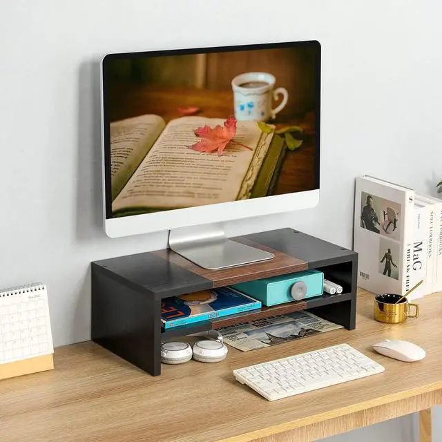 Alt view image 2 of 7 - TEAMIX 2 Tiers Desktop Monitor Stand Riser 20 Inch Printer Stand with Storage Small TV Riser Laptop Wooden Desk Organizer Shelf Bookshelf (Black+Brown, 2 tiers)