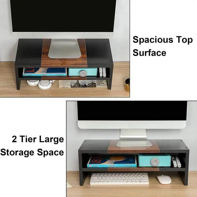 Alt view image 3 of 7 - TEAMIX 2 Tiers Desktop Monitor Stand Riser 20 Inch Printer Stand with Storage Small TV Riser Laptop Wooden Desk Organizer Shelf Bookshelf (Black+Brown, 2 tiers)