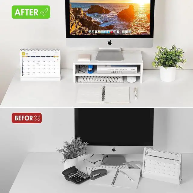 Alt view image 3 of 7 - BEYGORM White Monitor Stand Riser for Desk,2 Tiers Wood Desk Shelf Computer Screen Stand with Storage for Desktop Laptop/Screen/TV/PC/Printer,Multifunctional Desktop Organizer 16.5 x 7.8 x 5.2 inch