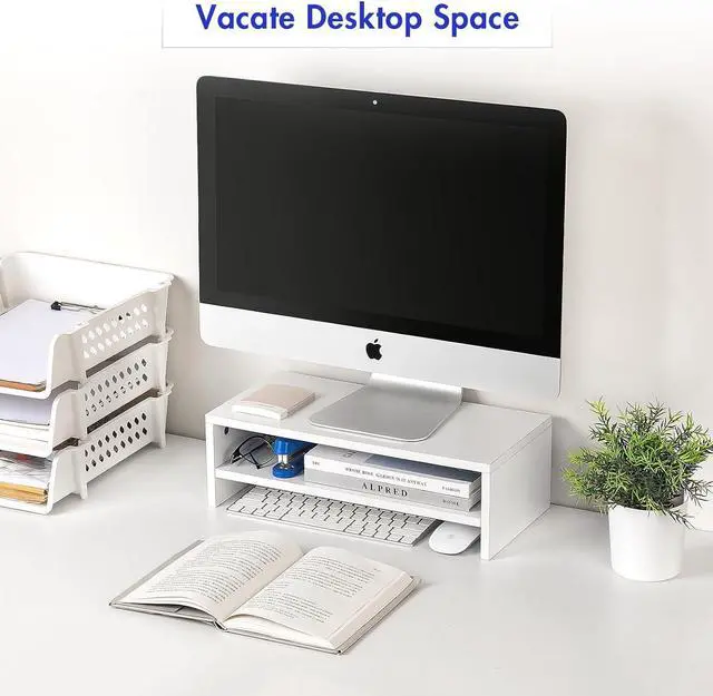 Alt view image 5 of 7 - BEYGORM White Monitor Stand Riser for Desk,2 Tiers Wood Desk Shelf Computer Screen Stand with Storage for Desktop Laptop/Screen/TV/PC/Printer,Multifunctional Desktop Organizer 16.5 x 7.8 x 5.2 inch