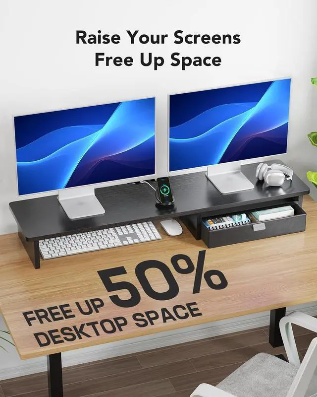 Alt view image 4 of 7 - HUANUO Large Dual Monitor Stand with Drawer, Wood Monitor Stand Riser for 2 Monitors with Storage & Cable Management, Desktop Organizer up to 55" fit Monitor, Computer, TV, Printer
