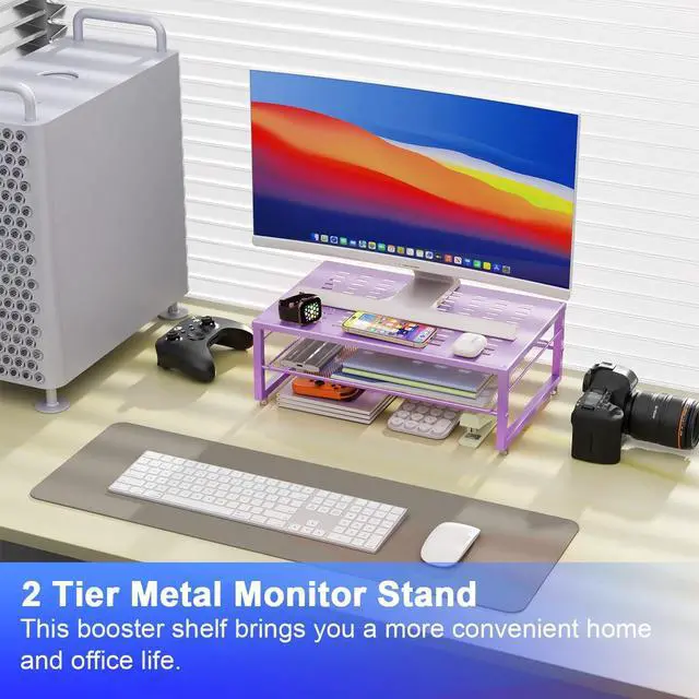Alt view image 2 of 7 - gianotter 2-Tier Metal Monitor Stand Riser, Office Desk Storage Organizer for Computer Monitor, Laptop, Printer, Office Supplies (Purple)