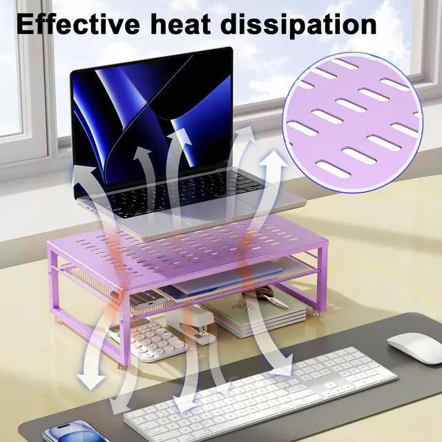 Alt view image 3 of 7 - gianotter 2-Tier Metal Monitor Stand Riser, Office Desk Storage Organizer for Computer Monitor, Laptop, Printer, Office Supplies (Purple)